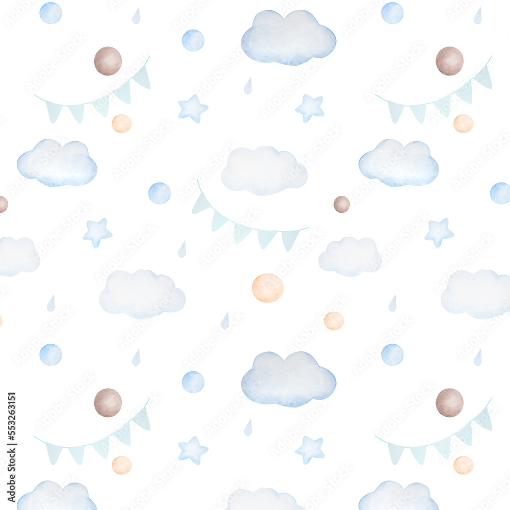 Watercolor seamless pattern with clouds, balls, flags, drops and stars in blue colors on white background