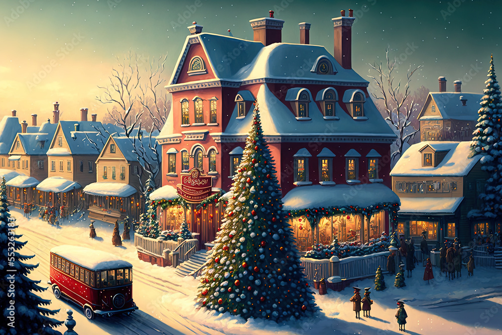 Christmas village with market street and big Christmas tree. People