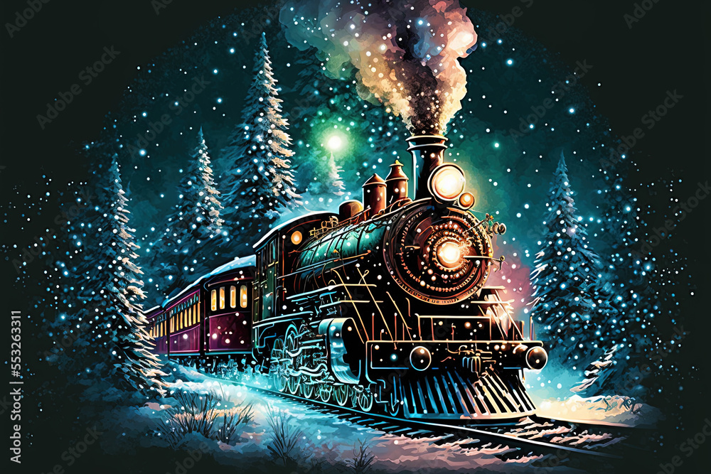 Christmas train going through snowy forest. Railway station. Retro