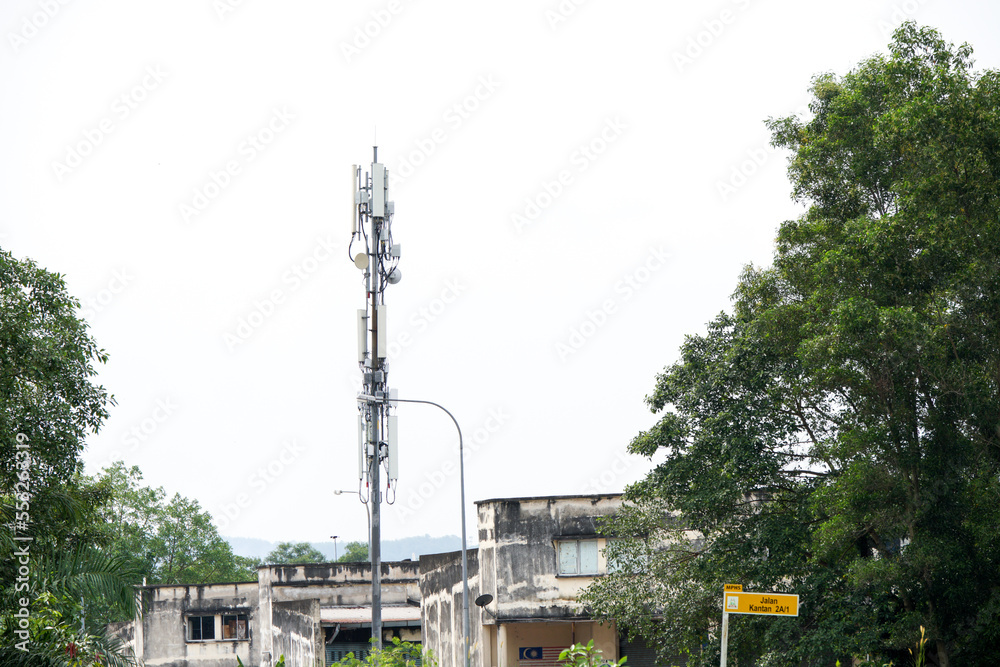 4G and 5G Cell site, Telecommunication tower radio tower or mobile phone base station. Development of communication systems in urban area. 4G and 5G Cell site, Telecommunication tower radio tower or mobile phone base station. Development of communication systems in urban area.