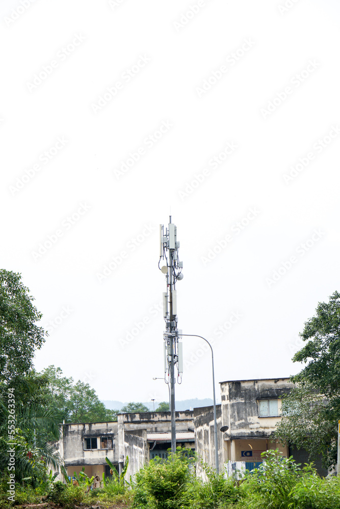 4G and 5G Cell site, Telecommunication tower radio tower or mobile phone base station. Development of communication systems in urban area. 4G and 5G Cell site, Telecommunication tower radio tower or mobile phone base station. Development of communication systems in urban area.