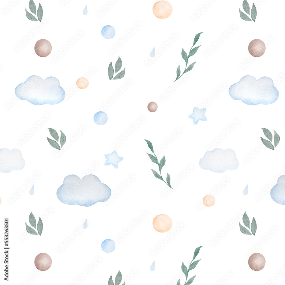 Watercolor seamless pattern with clouds, balls, leaves and stars in blue colors on white background Watercolor seamless pattern with clouds, balls, leaves and stars in blue colors on white background