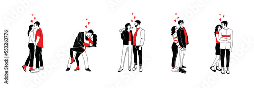 Valentine's day, love tenderness and romantic feelings concept. Young loving smiling couple boy and girl standing hugging each other feeling in love illustration
