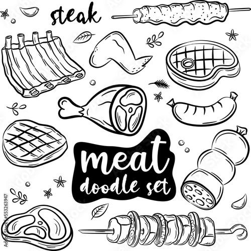 Hand drawn doodle set of meat and poultry. Vector illustration set