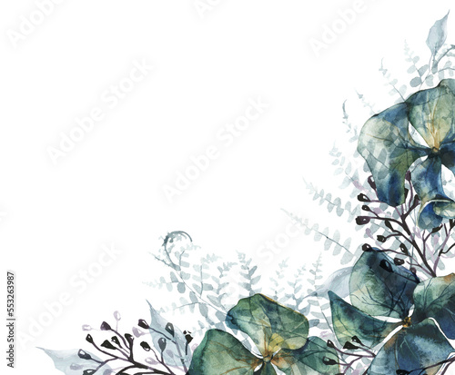 Watercolor painted floral frame. Arrangement with branches, leaves, flowers of hydrangea and fern. Cut out hand drawn PNG illustration on transparent background. Watercolour isolated clipart drawing.