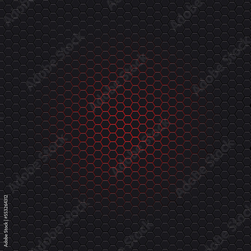 Futuristic honeycomb texture on black background with red glow light in the center