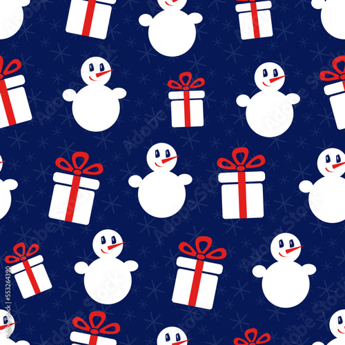 Snowman. Seamless vector pattern with stylized snowmen and gift boxes. Winter pattern