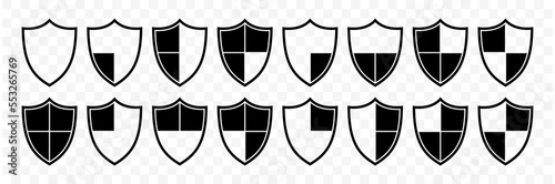 Protection shields set. Safety shield icons in different shapes at transparent background. Concept of security and protection. Vector illustration.