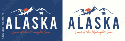 Alaska t-shirt design with mountains, bear and sun. Typography graphics for slogan tee shirt. Alaska state apparel print with grunge. Vector illustration.