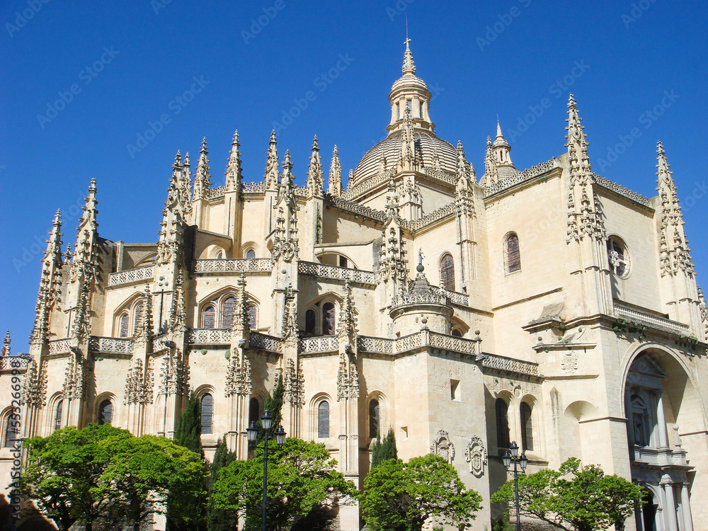 Panoramic view of cathedral on the sunny day. Segovia. Spain.