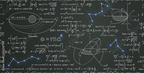 Mathematical formulas and physics explaining space orbits and stars seamless pattern.