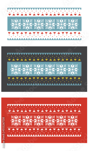 Red and blue sweater seamless pattern with snowflakes and hearts in three different variants.