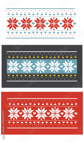Red and blue sweater seamless pattern with snowflakes and hearts in three different variants.