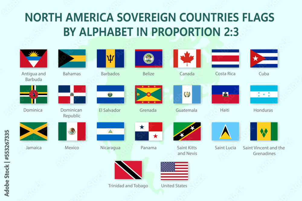Set of flags of North America countries in proportion 2:3 with shadow and names