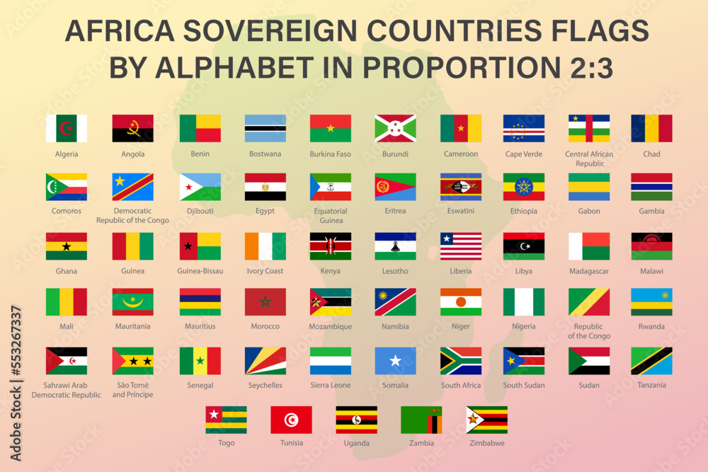 Set of flags of Africa countries in proportion 23 with names Stock