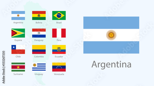 Set of flags of South American countries in proportion 2:3 with names