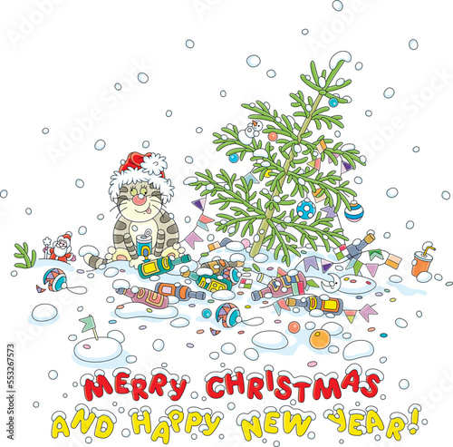Merry Christmas and happy New Year card with a slightly drunk cat in a Santa hat sitting on snow near a rickety fir among scattered wine bottles, garlands and holiday toys after a noisy and fun party