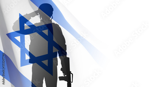 Silhouette of soldier with Israel flag on white background. Concept - armed forces of Israel. EPS10 vector
