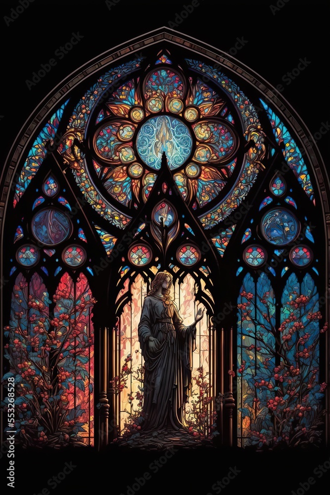 Gothic stained glass window in church. Beautiful.  Fantasy. Generative ai. 