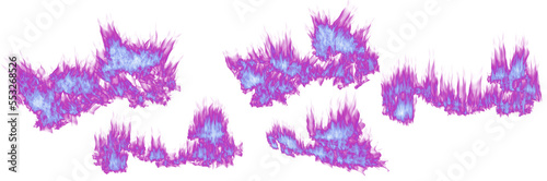 Fragments of fire flame  set  of blue natural gas of different density and transparency with translucent violet border. Isolated on transparent. png format.