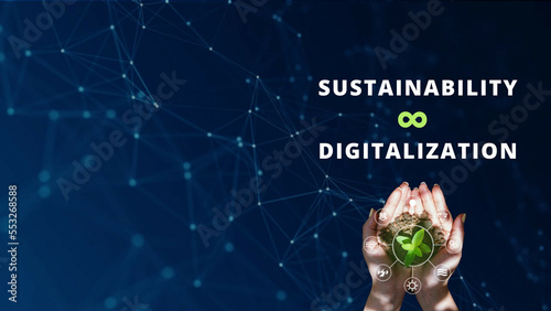 Sustainability and digitalization web banner on dark blue network background photo