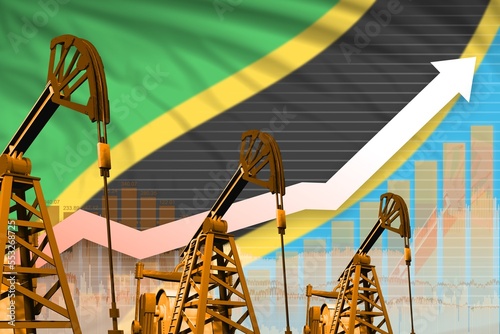 rising up chart on Tanzania flag background - industrial illustration of Tanzania oil industry or market concept. 3D Illustration