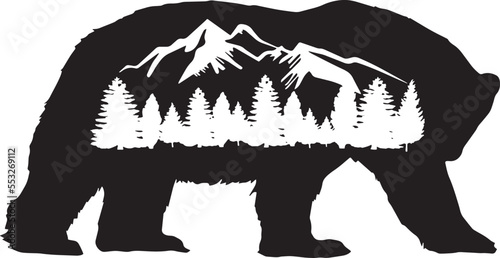 Mountain Bear,bear and mountain landscape,double exposure for your design, wildlife concept,bear and forest,vector,silhouette
