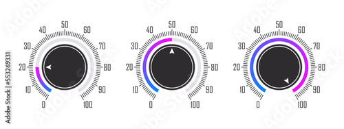 Dials of percentage. Adjustment dial. Control knob or round dial regulator. Vector illustration photo