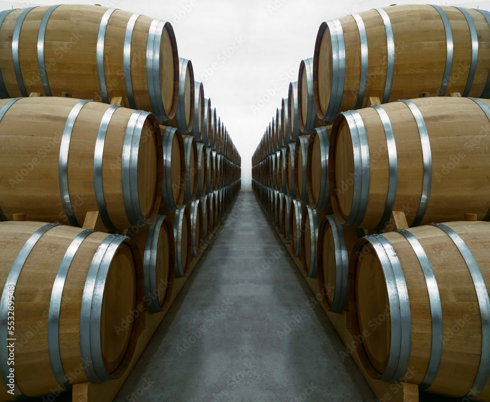 Wine or cognac barrels in the cellar of the winery, Wooden wine barrels in perspective. wine vaults. vintage oak barrels of craft beer or brandy. Wine or cognac barrels in the cellar of the winery, Wooden wine barrels in perspective. wine vaults. vintage oak barrels of craft beer or brandy.