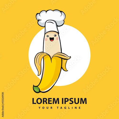 Banana cartoon mascot logo design. Flat style logo. Vector Icon Illustration. Fruit Icon Concept. Suitable for Web Landing Page, Banner, Sticker, Background.