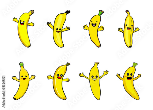 Banana cartoon mascot logo design. Flat style logo. Vector Icon Illustration. Fruit Icon Concept. Suitable for Web Landing Page, Banner, Sticker, Background.