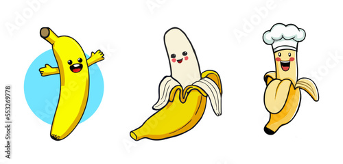 Banana cartoon mascot logo design. Flat style logo. Vector Icon Illustration. Fruit Icon Concept. Suitable for Web Landing Page, Banner, Sticker, Background.