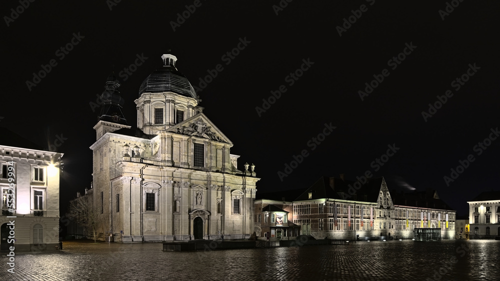 Our Lady of St Peter's Church and abbey at night in Ghent, Belgium