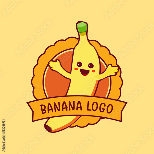 Banana cartoon mascot logo design. Flat style logo. Vector Icon Illustration. Fruit Icon Concept. Suitable for Web Landing Page, Banner, Sticker, Background.