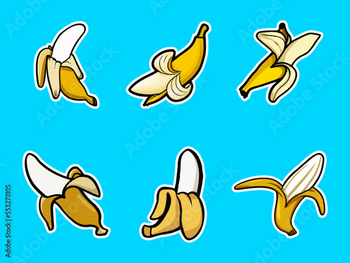 Banana Set Sticker Cartoon Style. Banana icon set. Suitable for Plain Background. Web Landing Page, Banner, Label. Banana cartoon logo design. Isolated vector illustration icons set.