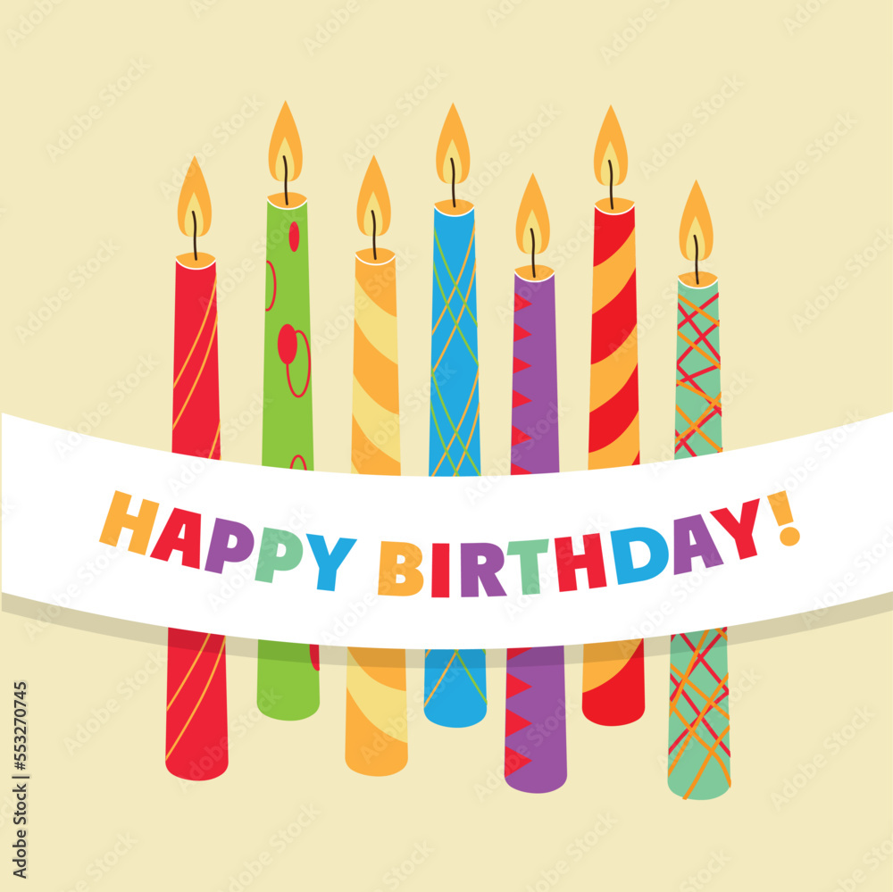Happy Birthday card template. Birthday lighting candles and banner. Bright colors vector card. Happy Birthday card template. Birthday lighting candles and banner. Bright colors vector card.