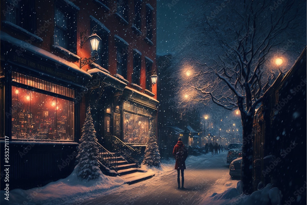 Cozy Christmas City in Winter Night Time with Town Buildings and Street Warm Lights with People on the Sidewalk Generative AI Cozy Christmas City in Winter Night Time with Town Buildings and Street Warm Lights with People on the Sidewalk Generative AI