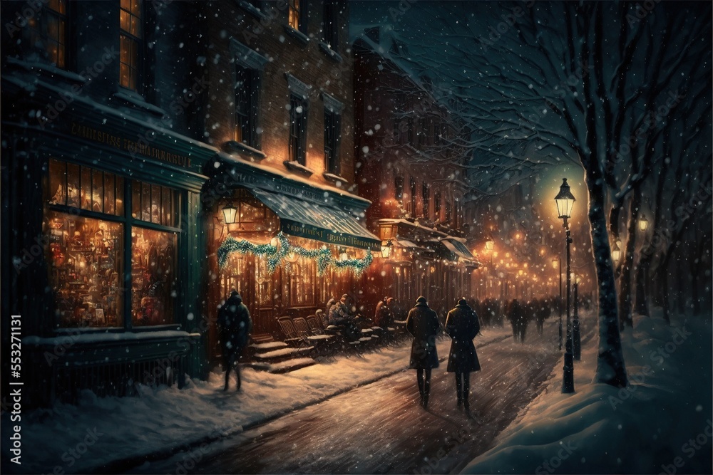 Cozy Christmas City in Winter Night Time with Town Buildings and Street Warm Lights with People on the Sidewalk Generative AI