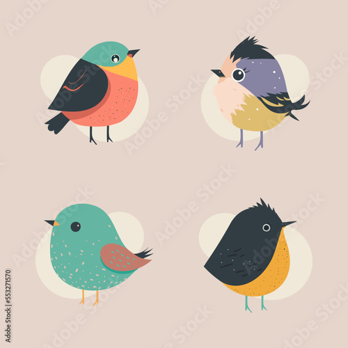 Vector collection set of cute chubby little fat colorful birds, funny wildlife characters, perfect for kids print design, textile decoration, greeting cards, print, stickers, logo, 