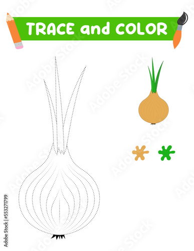 trace and color the vegetables. A training sheet for preschool children.Educational tasks for kids.Onion Coloring Book.