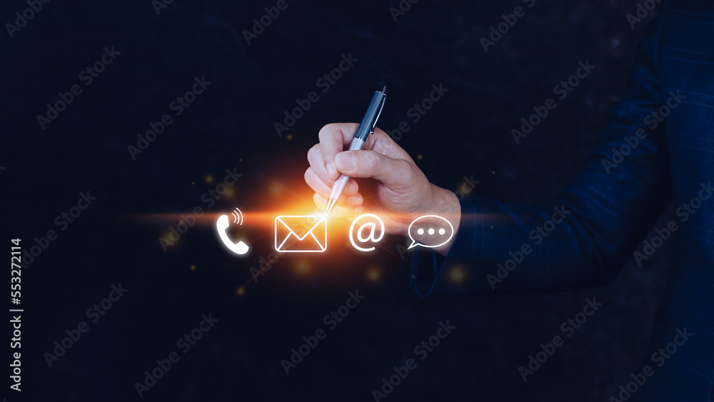 Contact us or Customer support hotline people connect. Businessman using  showing and touching on virtual screen contact icons ( call phone, email,  address, live chat, ) Stock-Foto | Adobe Stock