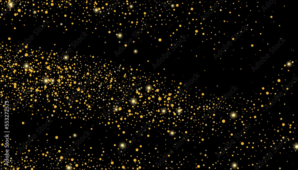 Gold glitter confetti on a black background. Shiny particles scattered, sand. Decorative element. Luxury background for your design, cards, invitations, vector Gold glitter confetti on a black background. Shiny particles scattered, sand. Decorative element. Luxury background for your design, cards, invitations, vector