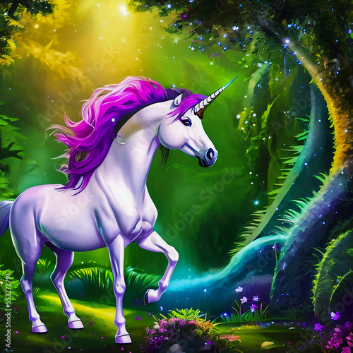 Unicorn in a mystical forest  beautiful and colorful digital drawing  created with Generative AI