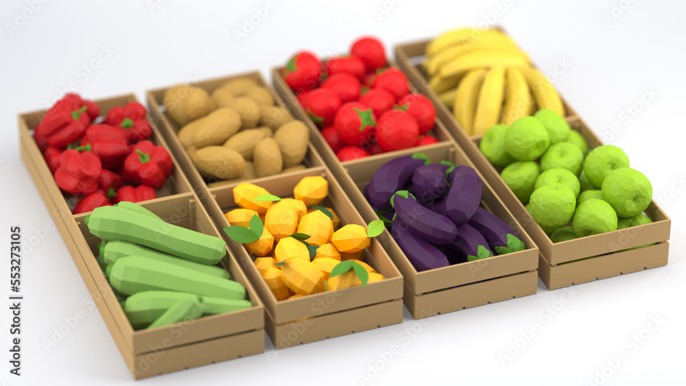 A variety of boxes full of polygonal fruits and vegetables on a white background. The concept of fresh and healthy food. 3d rendering. A variety of boxes full of polygonal fruits and vegetables on a white background. The concept of fresh and healthy food. 3d rendering.