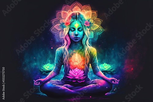 Tela Woman Doing Yoga With Lotus Flowers And Chakra Gradient Colors - Spiritual Conte