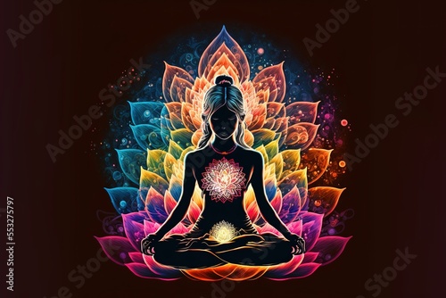 Woman Doing Yoga With Lotus Flowers And Chakra Gradient Colors - Spiritual Contemplation photo