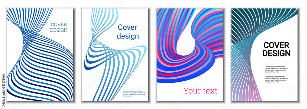 A set of 4 abstract covers. Wavy parallel gradient lines, ribbons evolve. Cover design, background. Trendy banner, poster. A set of 4 abstract covers. Wavy parallel gradient lines, ribbons evolve. Cover design, background. Trendy banner, poster.