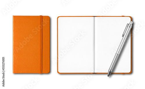 Foto Orange closed and open notebooks with a pen isolated on transparent background