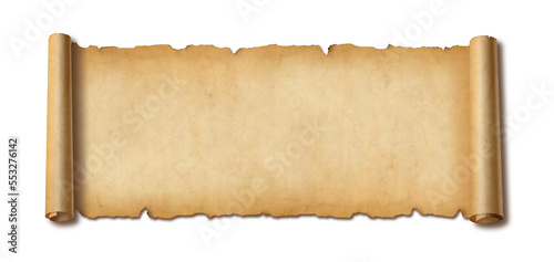 Old paper horizontal banner. Parchment scroll isolated on white with shadow photo