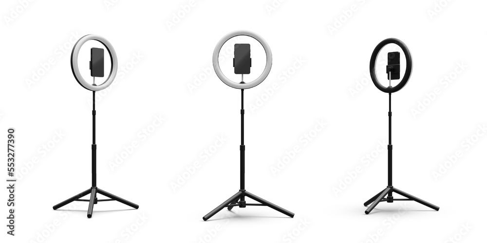 Set of 3d realistic phone on tripod with light bulb. Live stream concept. Vector illustration - obrazy, fototapety, plakaty 